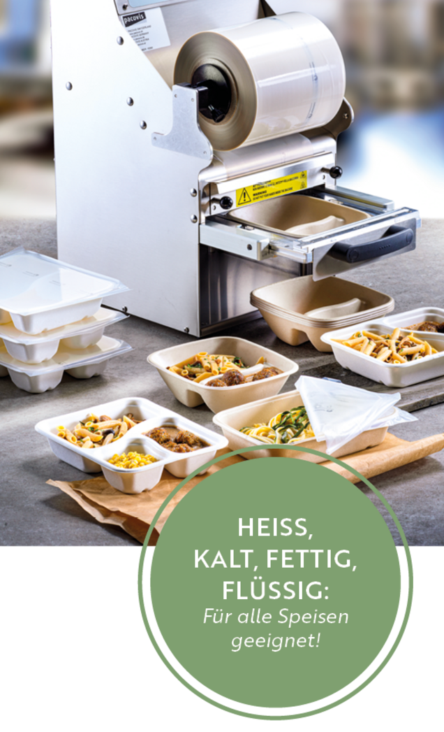 Siegelmaschine mit siegelbaren Menuschalen - geeignet für heiss, kalt, fettig und flüssig Siegelmaschine mit siegelbaren Menuschalen - geeignet für heiss, kalt, fettig und flüssig
